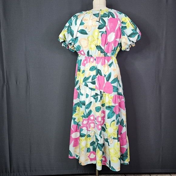 UMGEE MINT TIERED FLORAL PRINT NOTCHED PUFF SLEEVE MIDI DRESS - Picture 7 of 9
